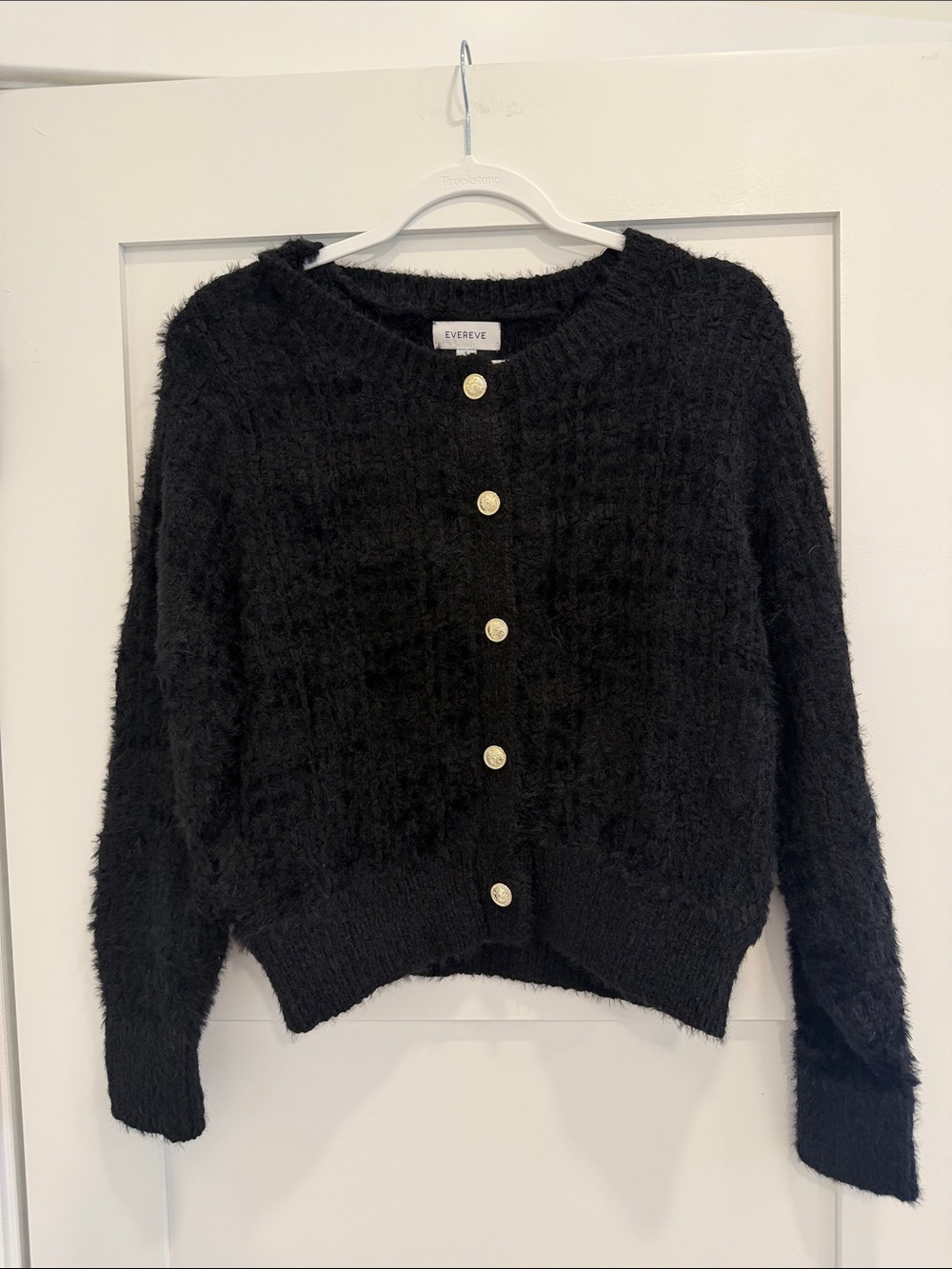 EVEREVE Black Fuzzy Cardigan Jacket Gold Crest Buttons Cropped Sweater S